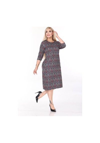 Çift Cepli Desenli Esnek Kışlık Büyük Beden Midi Elbise 44a-2701 Desenli