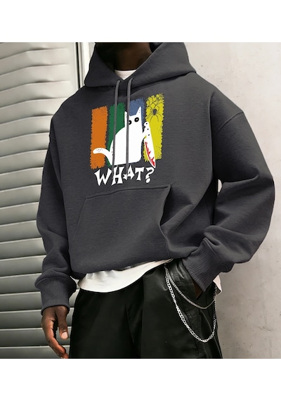 Startmore Tarzsokak Doubtful Cat Handing Knife Prints Casual Warm Hoody Men Trendy Loose Sweatshirts Basic Simple Antrasit