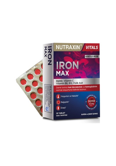 Ayrex Nutraxin Iron Max 30 Tablet Demir, C Vitamini, Folik Asit Ve B12 Vitamini İçeren Takviye