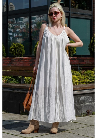 Madmext Beyaz Halter Yaka Askılı Uzun Basic Kadın Elbise Mg2163 Beyaz