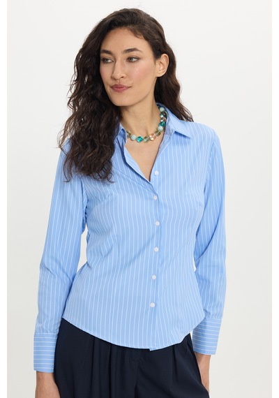 Tudors Kadın Slim Fit Dar Kesim Uzun Kollu Çizgili Mavi Gömlek-50323