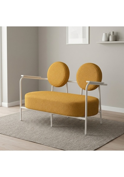 Venüs İkili Koltuk Soft Kumaş Ofis Bekleme Koltuğu Beyaz Metal İskeletli - Sarı