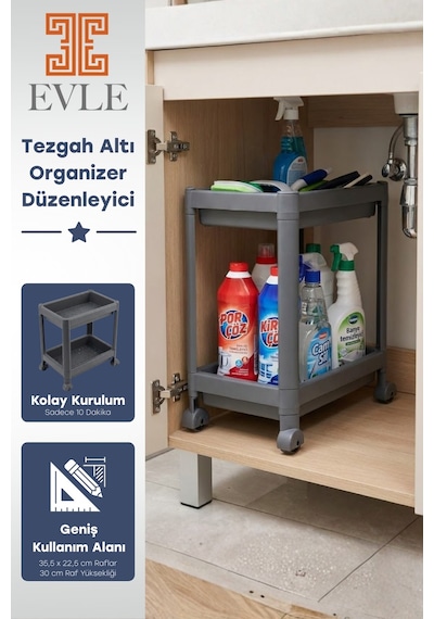 2 Katlı Tekerlekli Tezgah Altı Raf Düzenleyici Organizer, Banyo Lavabo Altı Düzenleyici "antrasit" Antrasit