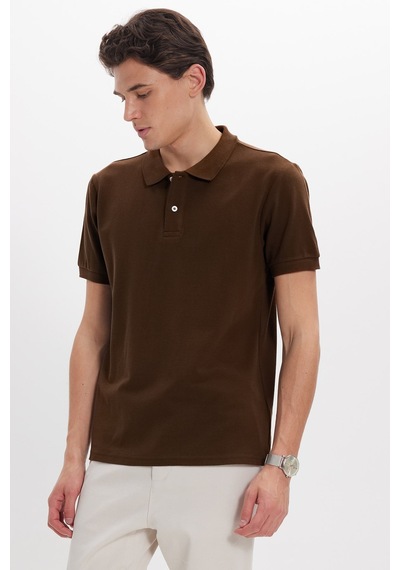 Tudors Erkek Slim Fit Dar Kesim %100 Pamuk Kısa Kollu Polo Yaka Kahverengi Tişört-51136
