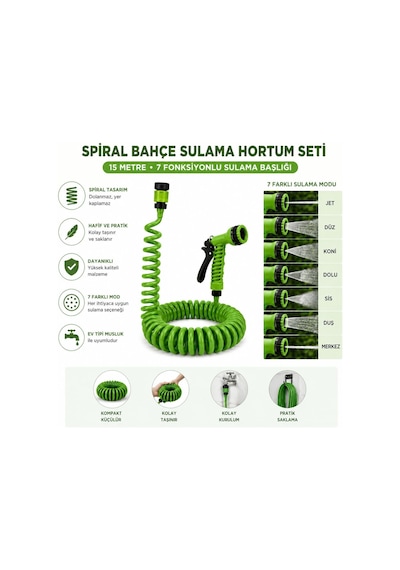 Lexroo 15 Metre Spiral Bahçe Sulama Hortumu Seti