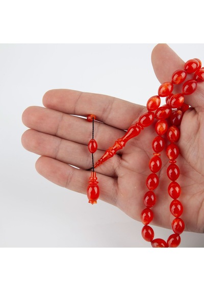 Özel Seri Sedefli Sıkma Kehribar Beyzi Kesim 9x12mm Tesbih Turuncu