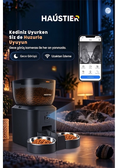 Qq029-Dual Siyah Kameralı 1080p Gece Görüş Akıllı Mama Kabı 2.4ghz/5ghz 4lt Metal Kase