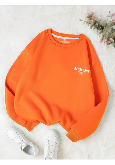 Startmore Turuncu Unisex Erkek/kadın Renkli Represent Özel Baskılı Oversize Pamuklu Bisiklet Yaka