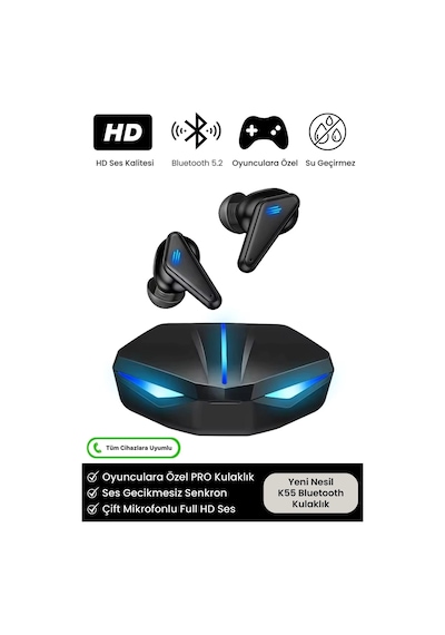 K55 Tws Pro Oyuncu Kulaklığı 3d Stereo Ses Extra Bass Işıklı Mikrofonlu Bluetooth Kablosuz Kulaklık