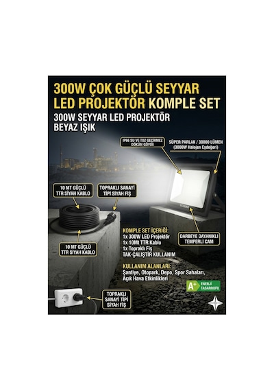 10 Metre Kablolu 300 Watt Seyyar Led Projektör Aydınlatma. Seyyar Aydınlarma Su Geçirmez Dış Mekan Ip66,beyaz Çok Güçlü Işık