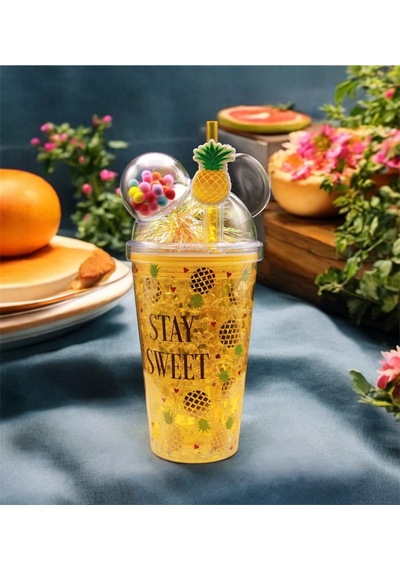 Ananas Pipetli Buzlu Cam Görünümlü 400 Ml Çift Katman Mika - Sarı Ananas Yeşil