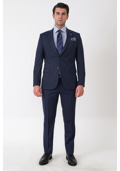 Efor Slim Fit Mono Yaka Çift Yırtmaç Esnek Yünlü Lacivert Takım Elbise Tk 947
