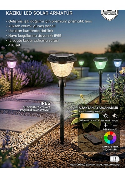 Kumandalı Rgb Solar Kazıklı Dış Mekan 30 W Su Geçirmez