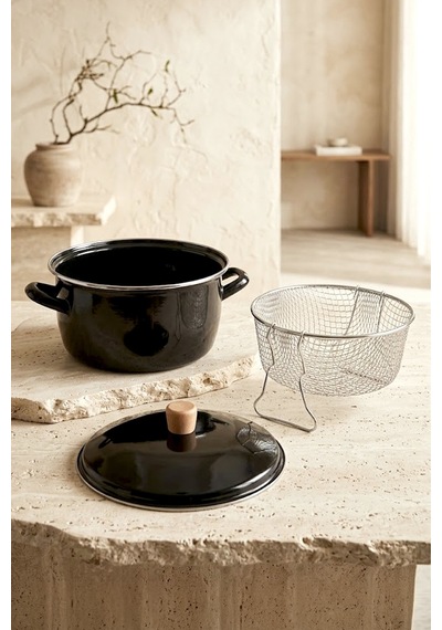 Terra Cook Ahşap Kulplu,paslanmaz Saplı Siyah Süzgeçli Emaye Kızartma Tenceresi 22 Cm Siyah