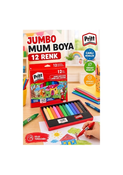 Jumbo Üçgen Mum Boya 12 Li 1 Paket Pritt 12 Renk Üçgen Mumboya Elleri Kirletmeyen Yıkanabilir Silinebilir Karton Kutu Çok Renkli
