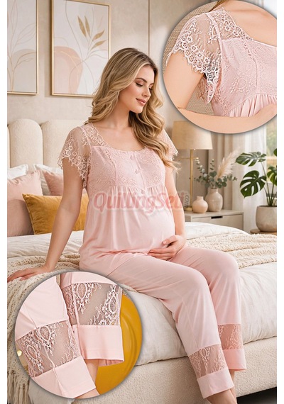 Lady Bebe Pembe Renkli Dantel Detaylı, 33200 Kısa Kol, 2 Parça Lohusa Hamile Pijama Takımı Açık Pembe
