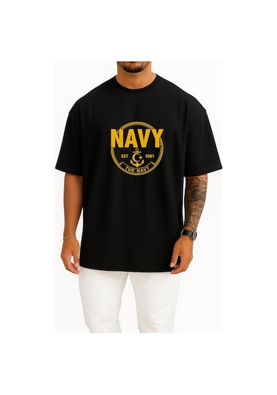 Bahriyeli Collection Oversize Tur Navy Göğüs Ve Sırt Baskılı Unisex T-shirt Siyah