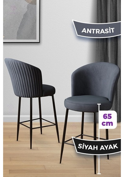 Canisa Alte Serisi 6 Antrasit Sandalye 65 Cm Ada Mutfak Bar Sandalyesi Babyface Kumaş Siyah Metal Ayaklı Sandalyeler Antrasit Ayaklar Siyah