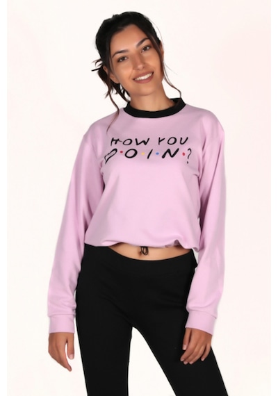 Makentmoda Kadın Pembe How You Doın Baskılı Sweatshırt S