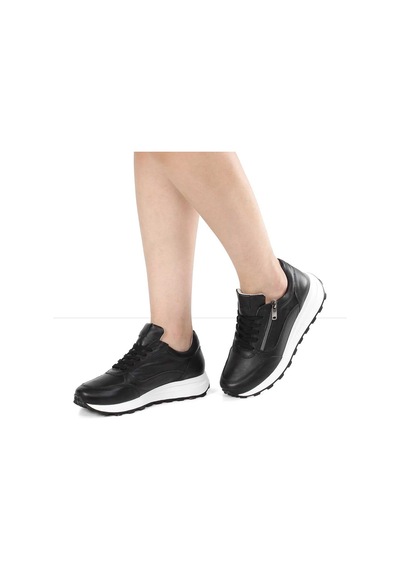 Kadın Siyah Bağcıklı Fermuarlı Deri Sneaker