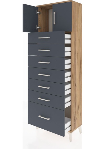 Arges Dolap Tek Raflı 7 Çekmeceli 2 Kapaklı 60x30x182 Çam-ant... Çam