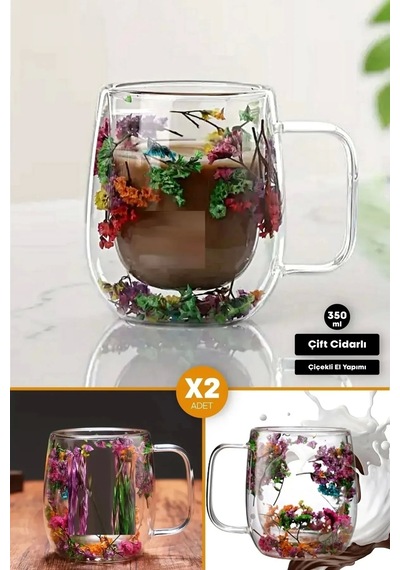 2'li Çiçekli Bardak Kulplu Isıya Dayanıklı Borosilikat Çift Çidarlı Flower Kahve Sunum Bardağı Çiçekli