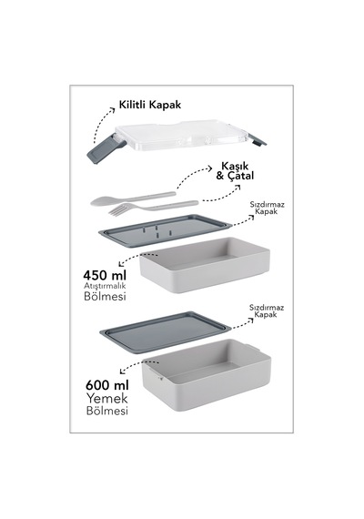 2 Katlı Kilitli Beslenme Kabı - Kendinden Çatal Kaşıklı Lunch Box Beslenme Kutusu Saklama Kabı Gri