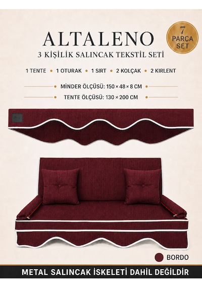 Altaleno 3 Kişilik 150 48 Cm Süngerli Bahçe Balkon Salıncak Minderi Yıkanabilir Kılıflı, Tenteli Keten Kumaş Tekstil Seti 24 Dns 8 Cm Orta Sert Sünger Bordo