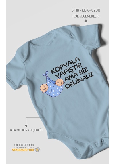 Morivokids Kopyala Yapıştır, Ama Yazılı Kısa Kollu Bebek Body %100 Pamuk Bebe Mavisi