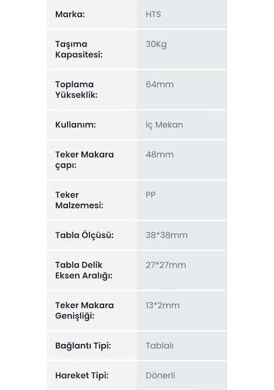 Hts 421 Frenli Dönerli Mobilya Tekerleği 48mm - 30kg Taşıma Kapasiteli Tablalı Pp Plastik İç Mekan Tekerlek, Sehp