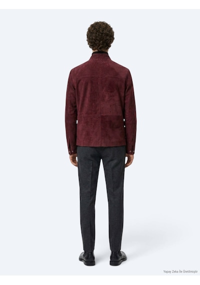 Kip Bordo Regular Fit Dik Yaka Casual Süet Deri Mont