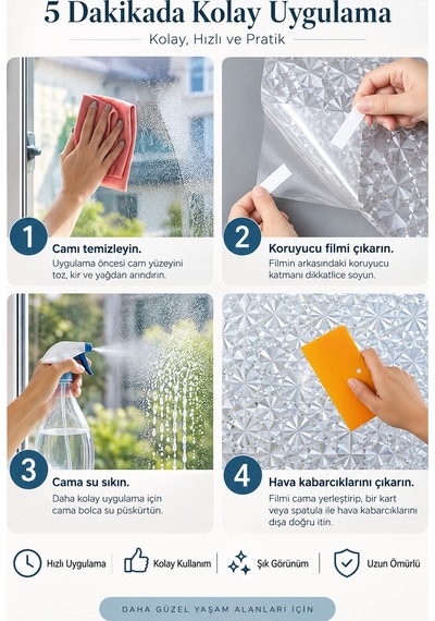 Deconitte Statik Cam Filmi 60x100cm 3d Diamond Elmas Desen Yapışkansız Dekoratif Pencere Kaplama Filmi, Kumlama