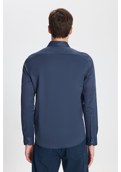 George Henry Pamuklu Oxford Slim Fit Dar Kesim İtalyan Yaka Armürlü Gömlek Lacivert