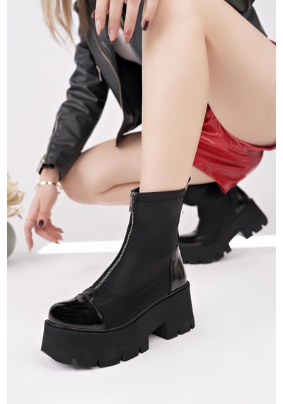 Nesilshoes Nesil Shoes Carel 606 Siyah Rugan Garnili Platform Kadın Bot