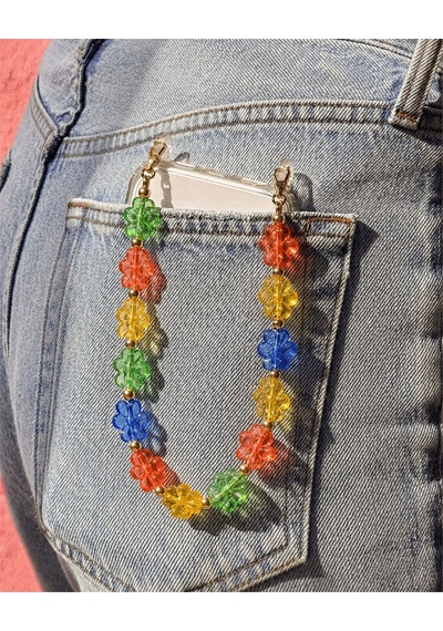 Iconic Renkli Çiçekli Telefon Askısı, Boncuklu Telefon Charmı Ve Çanta Aksesuarı