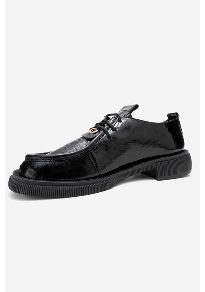 Luvishoes Luvi Shoes Band Siyah Kırışık Rugan Hakiki Deri Bağcıklı Kadın Loafer Ayakkabı Siyah
