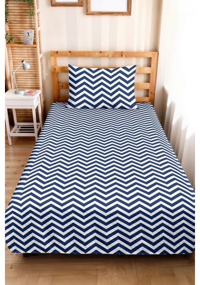 Mavi Zigzag Geometrik Genç Odası Tek Kişilik Pike Takımı - Lacivert 160x220 Cm Kapitone Yatak Örtüsü Gölge Yün Hissi