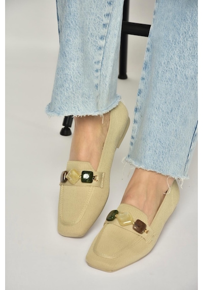 Fox Shoes Y820400304 Ten Triko Kumaş Boncuk Detaylı Kadın Babet Ten