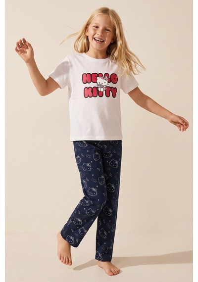Siyah İnci Hello Kitty Lisanslı %100 Pembe Çok Renkli Bisklet Yaka Pijama Takım 26120461 Ekru