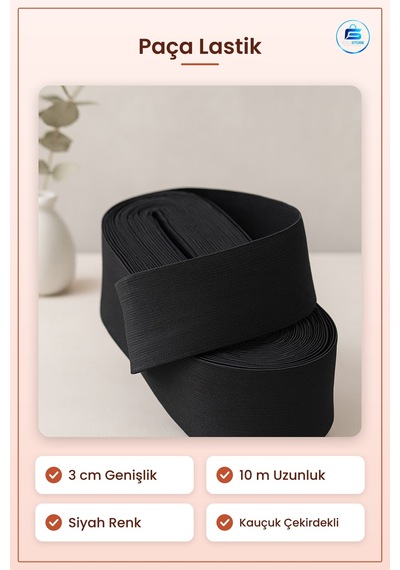Paça Lastii Geniş Siyah 3 Cm 10 M Elastik Kauçuk Çekirdekli Polye