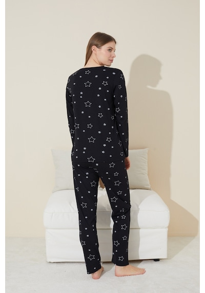 Siyah İnci Siyah Yıldız Desenli Pamuklu Pijama Takımı Siyah Yıldız Desen Siyah İnci Siyah Yıldız Desenli Pamuklu Pijama Takımı Siyah Yıldız Desen