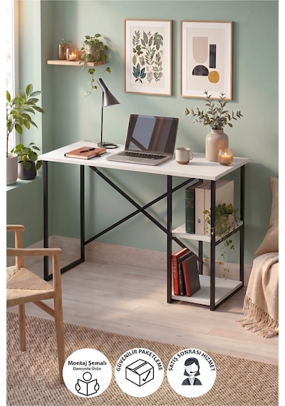 110x50 Cm 2 Raflı Çalışma Masası Bilgisayar Masası Ofis Masası Ders Masası Ümit Beyaz