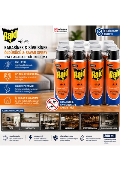 Raid Karasinek Ve Sivrisinek Öldürücü Sprey 300ml Kokusuz- 12'li Paket