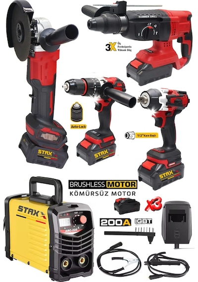 Staxx WM200RED 200A Kaynak + Matkap + Taşlama + Somun Sıkma + Kırıcı Delici 5'li Set