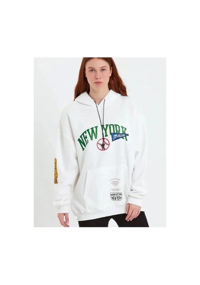 Veraura Lifestyle Baskılı Kapüşonlu Sweatshirt - Beyaz