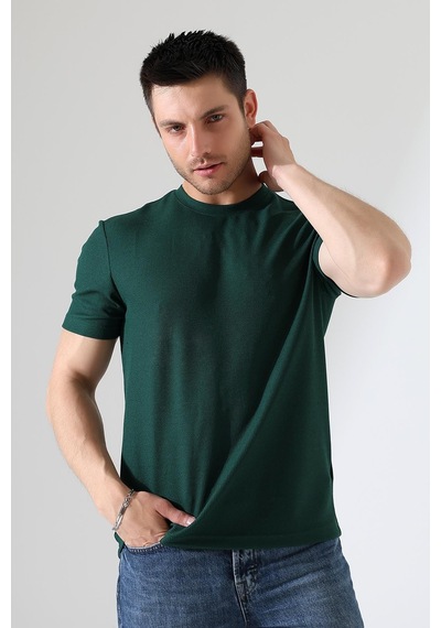 Erkek Fitilli Slim Fit Bisiklet Yaka Düz Renk T-shirt YESIL