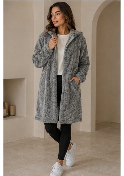 Unika Boutique Kadın Welsoft Fermuarlı Kapüşonlu Uzun Polar Hırka Gri