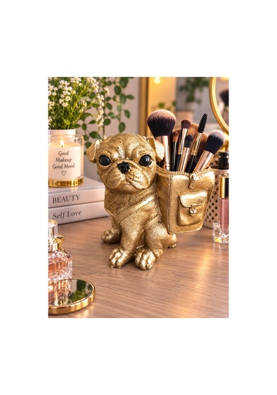 Dekoratif Köpek Figürlü Kalemlik Makyaj Fırçalık Saksı Organizer Polyester 12x15 Cm Altın