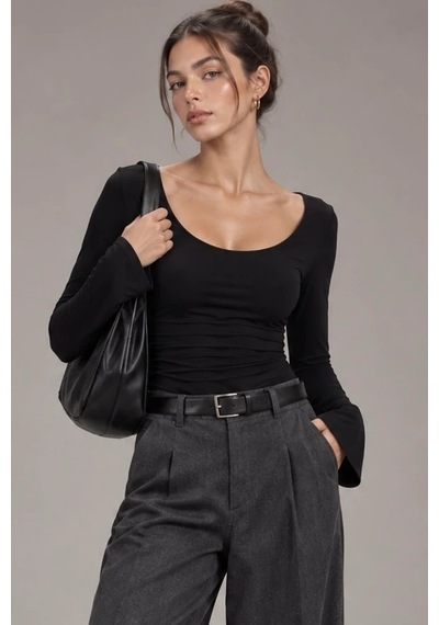 Bbbutikbasic Kadın U Yaka İspanyol Kol Uzun Kollu Slim Fit Bluz My3535 Siyah