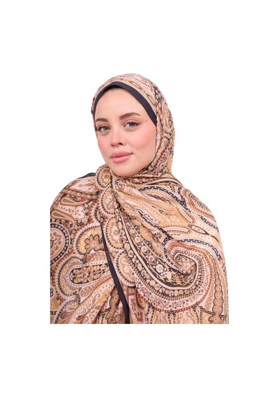 Premium Lux Original Etnik Desen Şal Vual İpek, 1. Sınıf, Hafif, Rahat, Şık, Tesettür Giyim Hardal